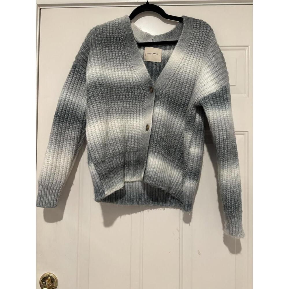 Women's Lucky Brand grey/white sz M ‎ striped button down chunky cardigan #1418